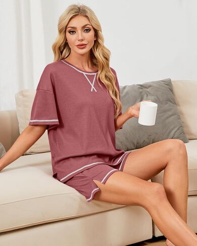 GEMLON Womens Pajama Sets Waffle Knit Short Sleeve Lounge Set 2 Piece Sleepwear Loungewear Sets Matching Set in Saudi Arabia