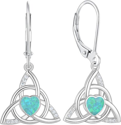 Celtic Knot Leverback Earrings Sterling Silver Triangle Trinity Knot Earring Heart Created Opal Dangle Drop Jewelry for Women in Saudi Arabia
