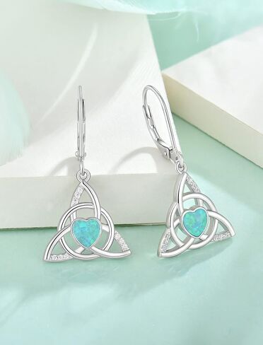 Celtic Knot Leverback Earrings Sterling Silver Triangle Trinity Knot Earring Heart Created Opal Dangle Drop Jewelry for Women in Saudi Arabia