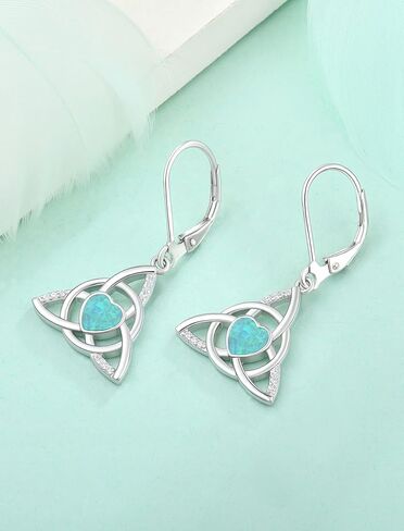 Celtic Knot Leverback Earrings Sterling Silver Triangle Trinity Knot Earring Heart Created Opal Dangle Drop Jewelry for Women in Saudi Arabia