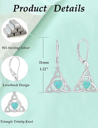 Celtic Knot Leverback Earrings Sterling Silver Triangle Trinity Knot Earring Heart Created Opal Dangle Drop Jewelry for Women in Saudi Arabia