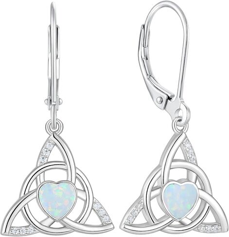 Celtic Knot Leverback Earrings Sterling Silver Triangle Trinity Knot Earring Heart Created Opal Dangle Drop Jewelry for Women in Saudi Arabia