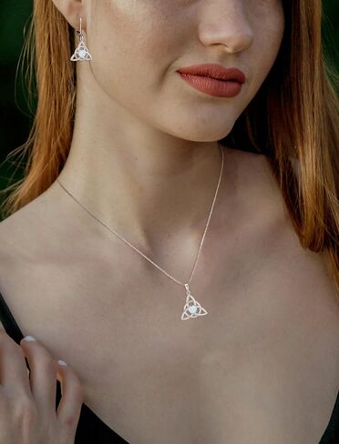 Celtic Knot Leverback Earrings Sterling Silver Triangle Trinity Knot Earring Heart Created Opal Dangle Drop Jewelry for Women in Saudi Arabia