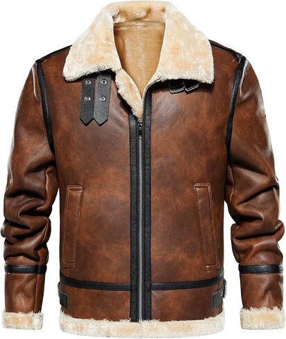 HOOD CREW Men’s Faux Leather Jacket Vintage Bomber Jacket with Artificial Fur Lining Warm Winter Leather Coat in Kuwait