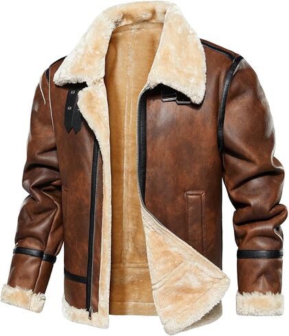 HOOD CREW Men’s Faux Leather Jacket Vintage Bomber Jacket with Artificial Fur Lining Warm Winter Leather Coat in Kuwait
