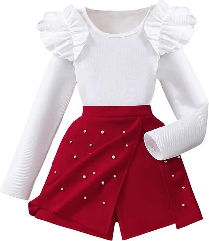 Floerns Girl's Two Piece Outfit Ruffle Trim Long Sleeve Knitted Top Beaded Skorts Set in Saudi Arabia