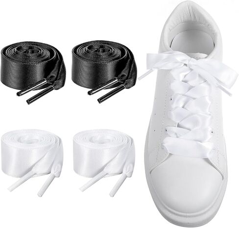 4 Pairs Wide Satin Ribbon Shoelaces, Flat Shoe Laces for Women Girls, Silk Shoestring, Flat Satin Ribbon Shoelaces, Wide Shoe Laces for Sneakers Skate Shoes Boots Sport Shoes in Saudi Arabia