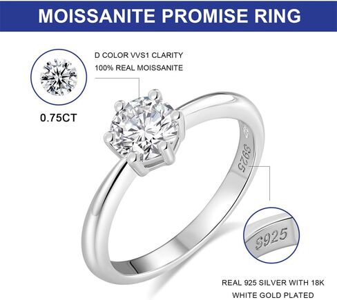 MDFUN Synthetic Moissanite Promise Rings for Women, 0.75-1CT S925 Sterling Silver Round Cut Synthetic Moissanite 18K White Gold Plated Engagement Wedding Anniversary Ring Eternity Bands in Kuwait