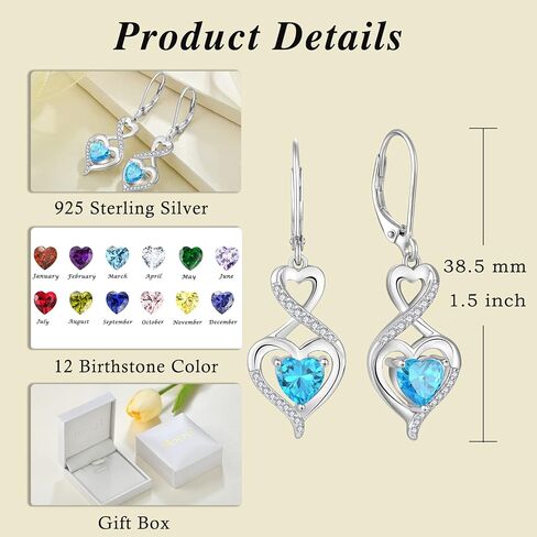 Heart Birthstone Earrings 925 Sterling Silver Infinity Dangle Drop Leverback Earrings Jewelry Gifts for Women in Kuwait