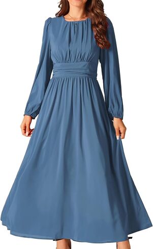 Seta T Women's Cocktail Party Dresses Crewneck Lantern Long Sleeves A-Line Chiffon Maxi Formal Dress in Kuwait