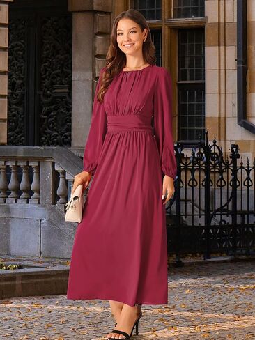 Seta T Women's Cocktail Party Dresses Crewneck Lantern Long Sleeves A-Line Chiffon Maxi Formal Dress in Kuwait