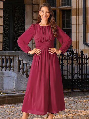 Seta T Women's Cocktail Party Dresses Crewneck Lantern Long Sleeves A-Line Chiffon Maxi Formal Dress in Kuwait