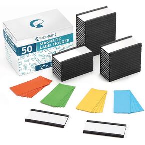 50 Pack"C" Channel Magnetic Label Holders 1x2 with 100 White Card Inserts, 50 Clear Plastic Protectors and Bonus 20 Colorful Cardstock Inserts in Blue, Green, Yellow and Red - Double-Sided Cards