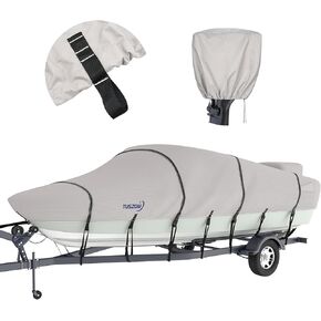 Tuszom 100% Waterproof 900D Solution-Dyed Boat Cover with 17 Windproof Straps for Trailerable Fits V-Hull, Tri-Hull Bass Boat, Runabout, Fishing Boat, Ski Boat, Bass Boat 17' - 19' L, UP to 96" W