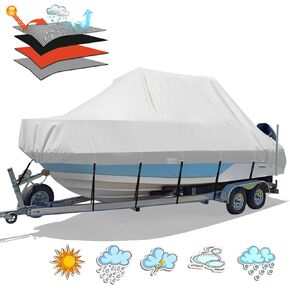 Waterproof T-Top Boat Cover, Heavy Duty 20'-22' Marine Grade Trailerable 900D Boat Cover for Center Console Boat with T Top Roof, UV Resistant Canvas TTOP Boat Storage Cover with Straps, Gray