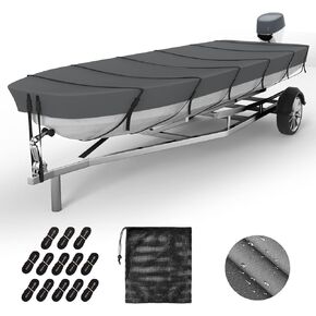 Jon Boat Cover 600D Solution-Dyed Oxford Fabric 12-14ft Heavy Duty Trailerable Jon Boat Cover Waterproof UV Resistant Marine Grade Reinforced Adjustable Side Straps, Grey