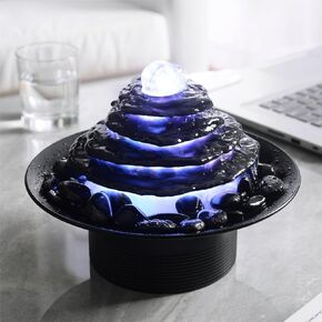 Home Décor Stone Flake Waterfall Tabletop Fountain 4-Layer Black Cobblestone Colorful RGB Light Glass Rotating Ball Water Sound Gift(23146)