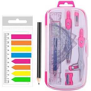 Math Geometry Kit Protractor for Students and Compass Set in Carry Case, Pink