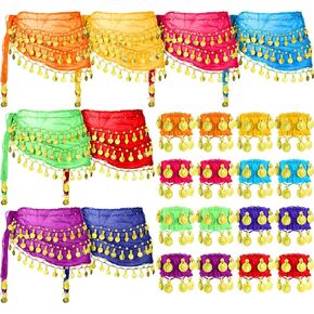 24 Pieces 8 Colors Belly Dance Skirt and Belly Dance Wrist Ankle Cuffs Bracelets Belly Dancing Hip Scarf Coin Scarf Belly Dancer Bracelet Belly Dancing Bangles for Women Girl Bellydance Yoga Class