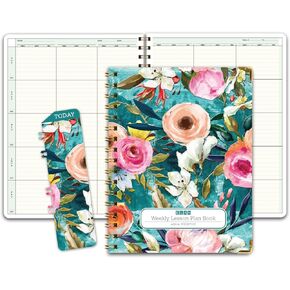 Elan Publishing Company HARDCOVER 6 Period Teacher Lesson Plan - Days Vertically Down The Side with Bonus Clip-in Bookmark (Black Floral)