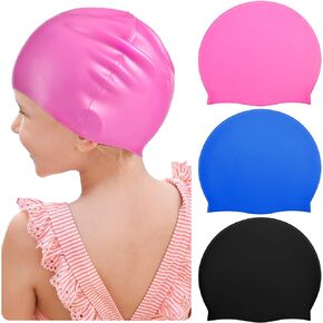 Zhanmai 3 Pieces Kids Swim Caps for Long Hair Silicone Swimming Cap for Girls Boys Kids Teens with Long Curly Hair Braids Dreadlocks Large Waterproof Swim Hat