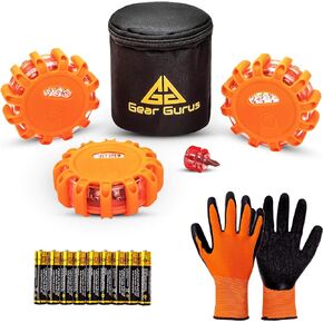 Gear Gurus 3 Pack LED Road Flares Kit - Flashing Warning Light Emergency Disc Beacon Roadside Flare Safety Light Magnetic Base for Car Truck Boat - Includes Batteries Screwdriver Gloves Storage Bag