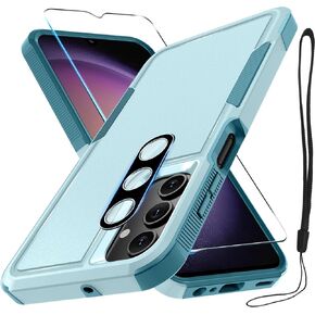 for Samsung Galaxy A15 5G Case, Full Body Heavy Duty Rugged Shockproof Protective Phone Cover with Lanyard Strap, Tempered Glass Screen Protector and Camera Lens Cover, Mint Green