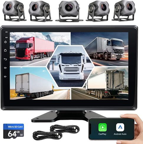 كاميرا احتياطية بخمس قنوات 1080 بيكسل مع شاشة 9 بوصة نظام Android.11، كاميرا احتياطية لتسجيل DVR لسيارات RV/الشاحنة/الشاحنة/المقطورة/سيارات الدفع الرباعي، ستيريو السيارة مع CarPlay اللاسلكي/Android Auto/BT/راديو FM/WiFi in Kuwait