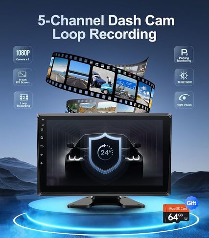 كاميرا احتياطية بخمس قنوات 1080 بيكسل مع شاشة 9 بوصة نظام Android.11، كاميرا احتياطية لتسجيل DVR لسيارات RV/الشاحنة/الشاحنة/المقطورة/سيارات الدفع الرباعي، ستيريو السيارة مع CarPlay اللاسلكي/Android Auto/BT/راديو FM/WiFi in Kuwait