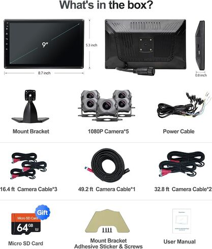 كاميرا احتياطية بخمس قنوات 1080 بيكسل مع شاشة 9 بوصة نظام Android.11، كاميرا احتياطية لتسجيل DVR لسيارات RV/الشاحنة/الشاحنة/المقطورة/سيارات الدفع الرباعي، ستيريو السيارة مع CarPlay اللاسلكي/Android Auto/BT/راديو FM/WiFi in Kuwait
