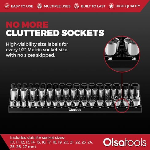 Olsa Tools Magnetic Socket Organizer (1/4-Inch Drive, 3 Row) - Magnetic Tool Organizer & Socket Holder - Tool Box Socket Organizers - Metric Black - Holds 42 Sockets - Professional Grade - Part: 1551 in Kuwait