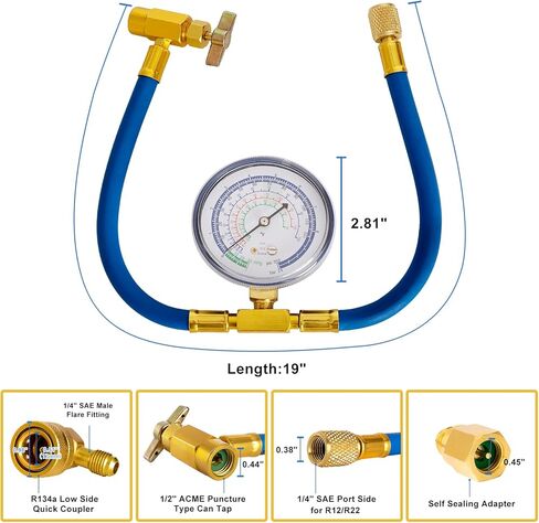 مجموعة إعادة شحن غاز التبريد من Belleone R134a، مجموعة خرطوم إعادة شحن التيار المتردد مع مقياس، R134a/R-12/R-22 يمكن للفريون الاستفادة من خرطوم إعادة الشحن مع وصلة توصيل سريعة R134a قابلة للفصل - سهلة الاستخدام in Kuwait