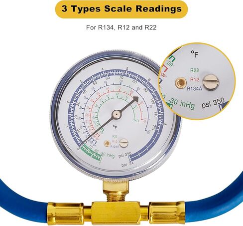 مجموعة إعادة شحن غاز التبريد من Belleone R134a، مجموعة خرطوم إعادة شحن التيار المتردد مع مقياس، R134a/R-12/R-22 يمكن للفريون الاستفادة من خرطوم إعادة الشحن مع وصلة توصيل سريعة R134a قابلة للفصل - سهلة الاستخدام in Kuwait