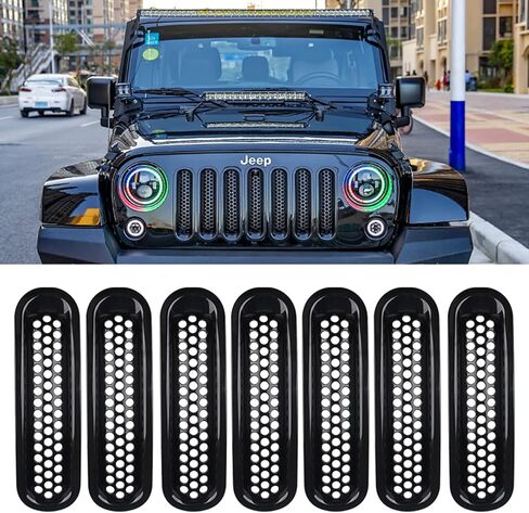 غطاء شبكة أمامية متوافق مع 2007-2018 Jeep Wrangler JK & Wrangler Unlimited - حشوات شواية سوداء مع فتحات شبكية مستديرة - تعزيز المظهر وحماية المبرد in Kuwait