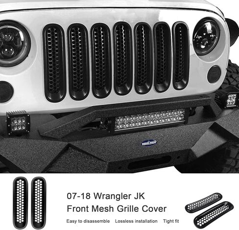غطاء شبكة أمامية متوافق مع 2007-2018 Jeep Wrangler JK & Wrangler Unlimited - حشوات شواية سوداء مع فتحات شبكية مستديرة - تعزيز المظهر وحماية المبرد in Kuwait