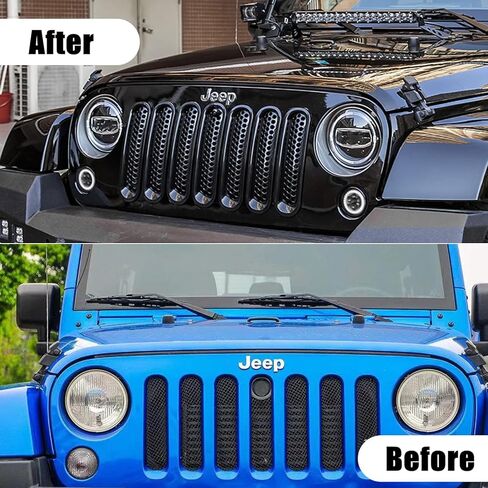 غطاء شبكة أمامية متوافق مع 2007-2018 Jeep Wrangler JK & Wrangler Unlimited - حشوات شواية سوداء مع فتحات شبكية مستديرة - تعزيز المظهر وحماية المبرد in Kuwait