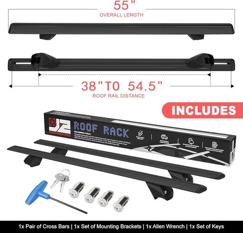 J2 Engineering J2-RR-135-BK Pair of 55" Aluminum Roof Rack Cross Bars Cargo Luggage Carrier for Raised Rails with Angled Edges, Universal, 38" - 54.5" Adjustable, Black in Kuwait