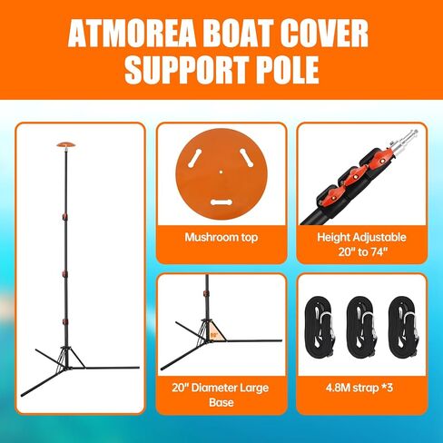 عمود دعم غطاء القارب من ATMOREA، قطعة واحدة من غطاء القارب الفولاذي تلسكوبي SPCC قابل للتعديل من 20 بوصة إلى 74 بوصة مع 3 أشرطة حزام للعائم، قارب جون، قارب بهيكل على شكل حرف V in Kuwait