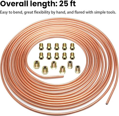 Car Brake Line Tubing Kit, 25 Ft. of 3/16 Copper Zinc-Coated Flexible Tube with 16 Inverted Flare Fittings, Auto Brake Line Replacement Tubing Coil for Hydraulic Fuel Transmission in Kuwait