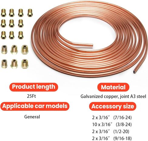 Car Brake Line Tubing Kit, 25 Ft. of 3/16 Copper Zinc-Coated Flexible Tube with 16 Inverted Flare Fittings, Auto Brake Line Replacement Tubing Coil for Hydraulic Fuel Transmission in Kuwait