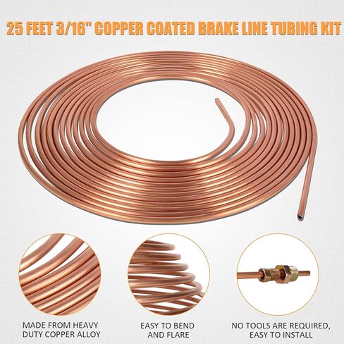 Wztepeng 2 حزم النحاس المغلفة خط أنابيب عدة 25 قدم 3/16 "مع 16 تركيبات الجوز أنبوب مقلوب متوافقة مع ناقل الحركة، الفرامل الهيدروليكية وأنظمة الوقود in Kuwait