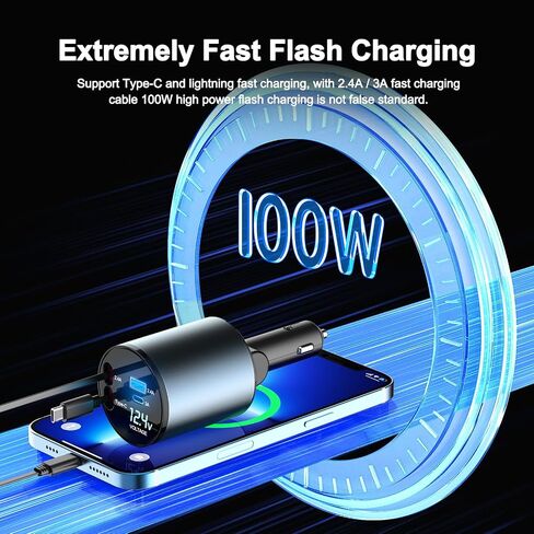 شاحن سيارة Holyask 100 واط شحن سريع للغاية، شاحن سيارة قابل للسحب 4 في 1، شاحن سيارة USB قابل للتعديل 180 درجة، محول شاحن سيارة مع عرض الجهد الكهربائي لهاتف iPhone 15/14/13/12 Pro Max، iPad، Samsung in Saudi Arabia