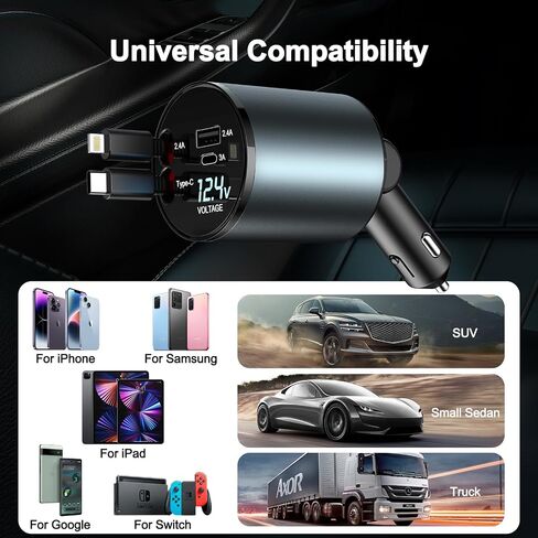 شاحن سيارة Holyask 100 واط شحن سريع للغاية، شاحن سيارة قابل للسحب 4 في 1، شاحن سيارة USB قابل للتعديل 180 درجة، محول شاحن سيارة مع عرض الجهد الكهربائي لهاتف iPhone 15/14/13/12 Pro Max، iPad، Samsung in Saudi Arabia