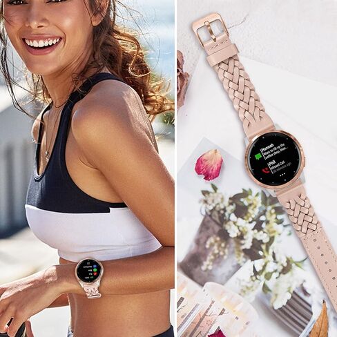 حزام ساعة TRUMiRR لـ Garmin Vivoactive 4S 40mm / Venu 2S / Venu 3S / Vivomove 3S / Forerunner 265S ذهبي وردي للنساء، حزام ساعة جلد مضفر 18 ملم مصنوع يدويًا للنساء Fossil Gen 6 42mm / Gen 5E 42mm / Charter HR in Saudi Arabia