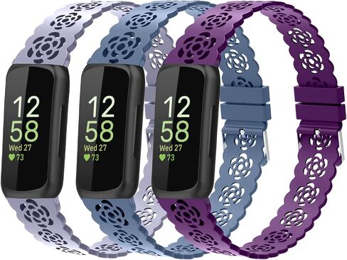 3-Pack Slim Silicone Bands Compatible with Fitbit Inspire 3/Inspire 2/Inspire HR/Inspire/Ace 3/Ace 2, Lace Silicone Thin Narrow Rose Hollowed-out Sports Replacement Wristband Strap in Saudi Arabia