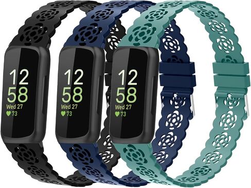 3-Pack Slim Silicone Bands Compatible with Fitbit Inspire 3/Inspire 2/Inspire HR/Inspire/Ace 3/Ace 2, Lace Silicone Thin Narrow Rose Hollowed-out Sports Replacement Wristband Strap in Saudi Arabia