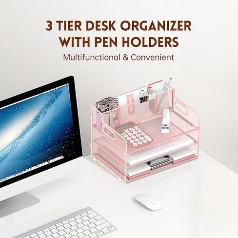 منظم مكتب من 3 طبقات من SUPEASY مع مقبض و3 حاملات أقلام، منظم ورق/ملف شبكي للمكتب، منظم صينية الرسائل الورقية للوازم المكتبية (وردي) in Kuwait