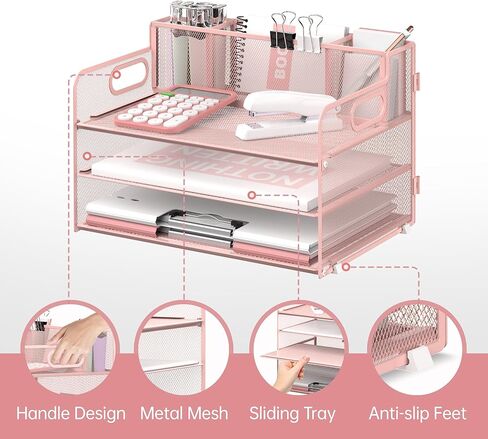 منظم مكتب من 3 طبقات من SUPEASY مع مقبض و3 حاملات أقلام، منظم ورق/ملف شبكي للمكتب، منظم صينية الرسائل الورقية للوازم المكتبية (وردي) in Kuwait