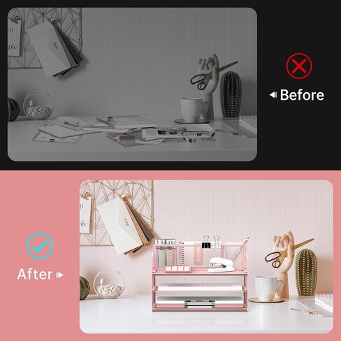 منظم مكتب من 3 طبقات من SUPEASY مع مقبض و3 حاملات أقلام، منظم ورق/ملف شبكي للمكتب، منظم صينية الرسائل الورقية للوازم المكتبية (وردي) in Kuwait