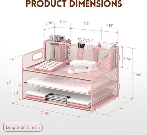 منظم مكتب من 3 طبقات من SUPEASY مع مقبض و3 حاملات أقلام، منظم ورق/ملف شبكي للمكتب، منظم صينية الرسائل الورقية للوازم المكتبية (وردي) in Kuwait